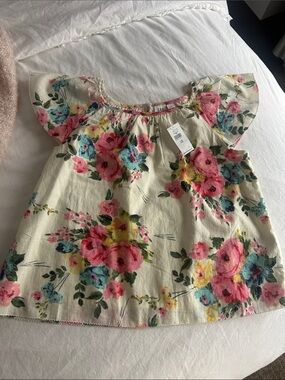 GAP Cream Floral Puff-Sleeve Top with Pink & Yellow Blooms girls size 10 NWT